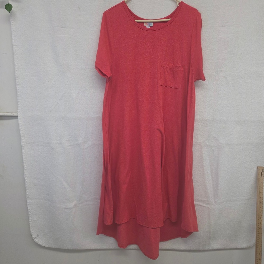 LuLaRoe Carly Dress XL Heathered Coral Red Short Sleeve High Low Pocket T-Shirt